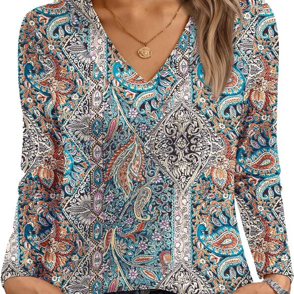 Boho-Print Long Sleeve Women's V-Neck Top - Soft, Comfortable & Versatile - Picture 1 of 6